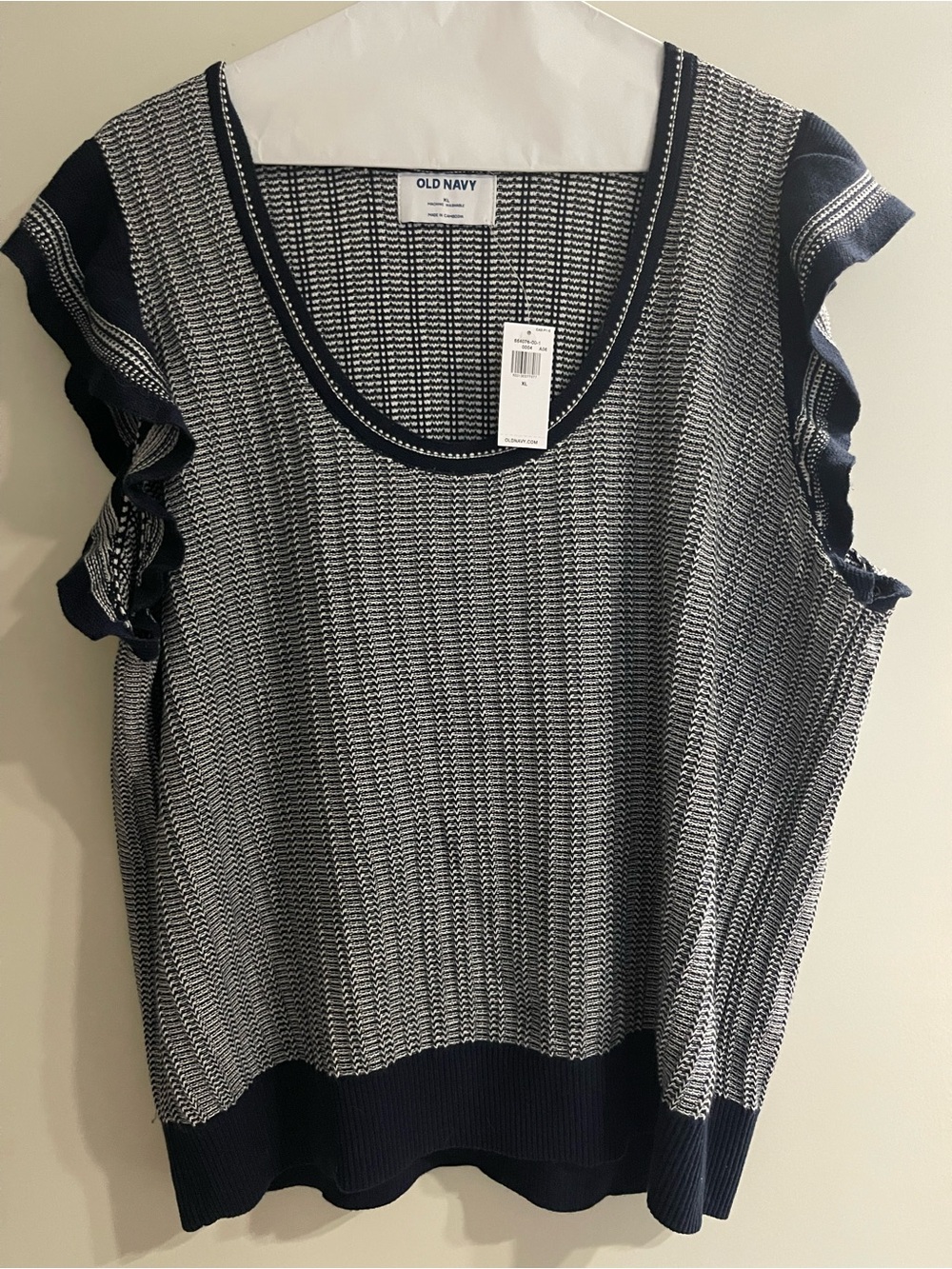 Old Navy Navy and White Ruffle Sleeve Knit Tank Top